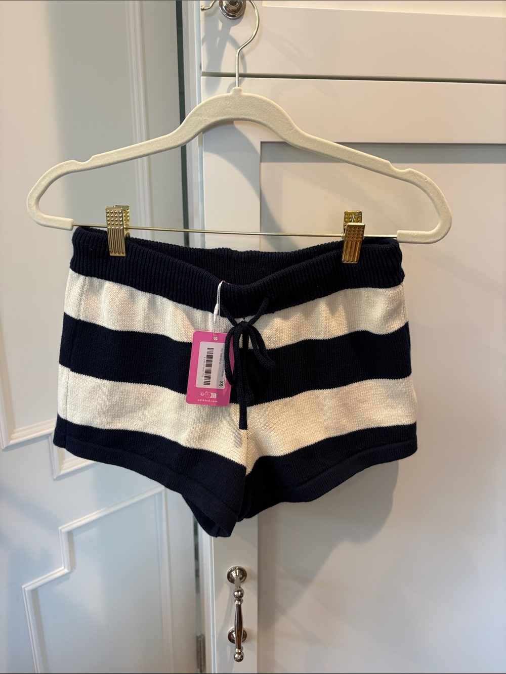 Edikted Navy and Cream Striped Knit Drawstring Shorts